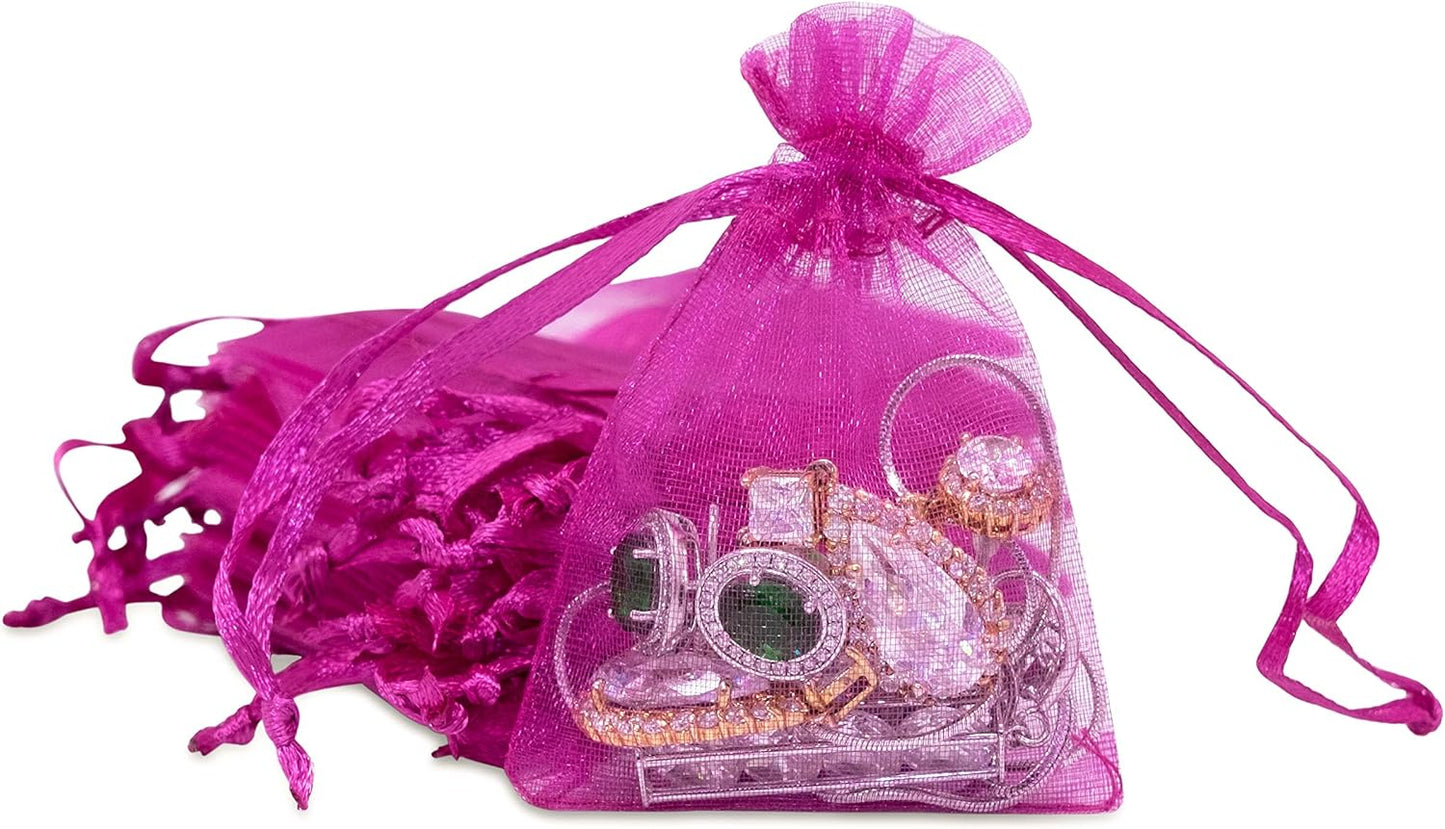 TheDisplayGuys 48-Pack 2" x 2-3/4" Hot Pink Sheer Organza Gift Bags with Drawstring, Jewelry Candy Treat Wedding Party Favors Mesh Pouch