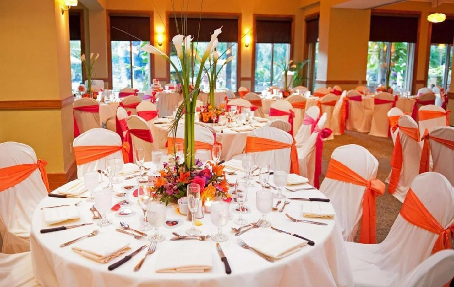 100 PCS Satin Chair Sashes Decorative Bow Chair Sashe Ties Ribbon Bows Chairs Cover Band for Wedding Birthday Party Ceremony Reception Banquet Events Hotel Home Kitchen Thanksgiving(7x 108inch,Orange)