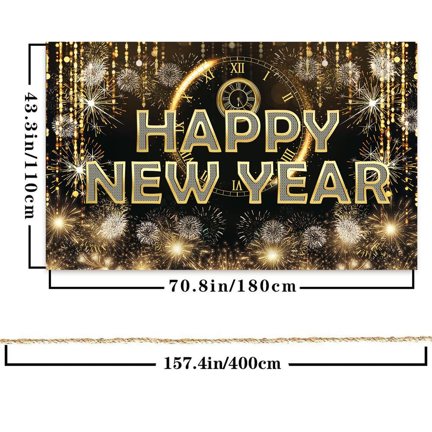 HAPPY NEW YEAR Hanging Extra Large Fabric Sign Poster Black Background Banner with Firework Pattern