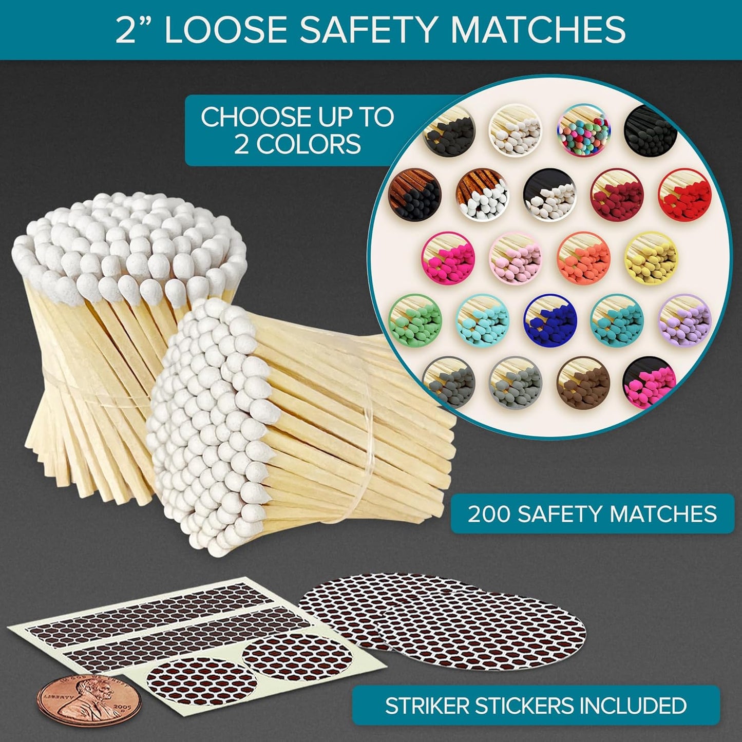 Thankful Greetings 2" Choose Your Colors Safety Matches | Set of 200+ Bulk Artisan Matchsticks with Striker Stickers Select 2 Colors - 100+ of Each | Custom for Your Home Decor, Gifts, & Events