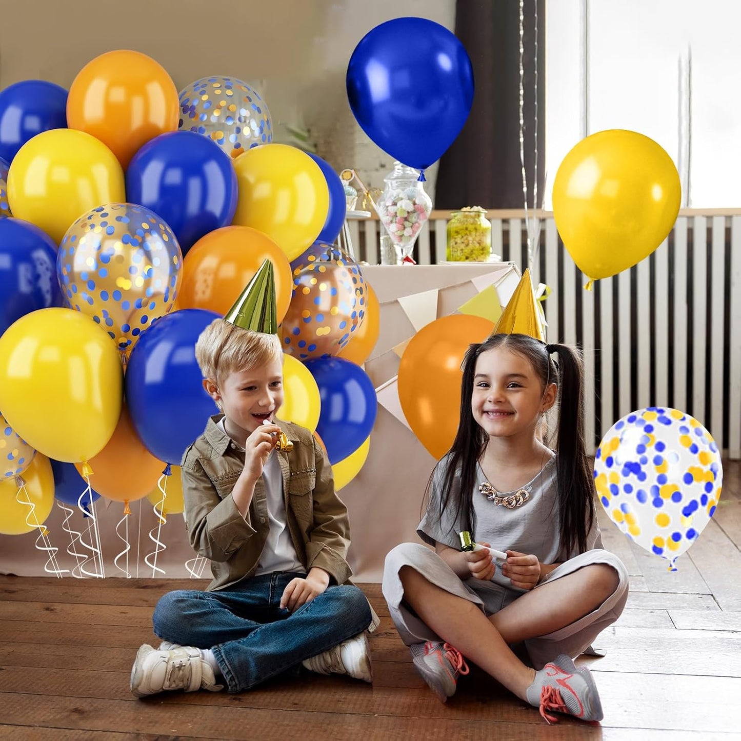 52 PCS 12 Inch Retro Blue and Yellow Matte Balloons with Confetti for Birthday Party Decorations