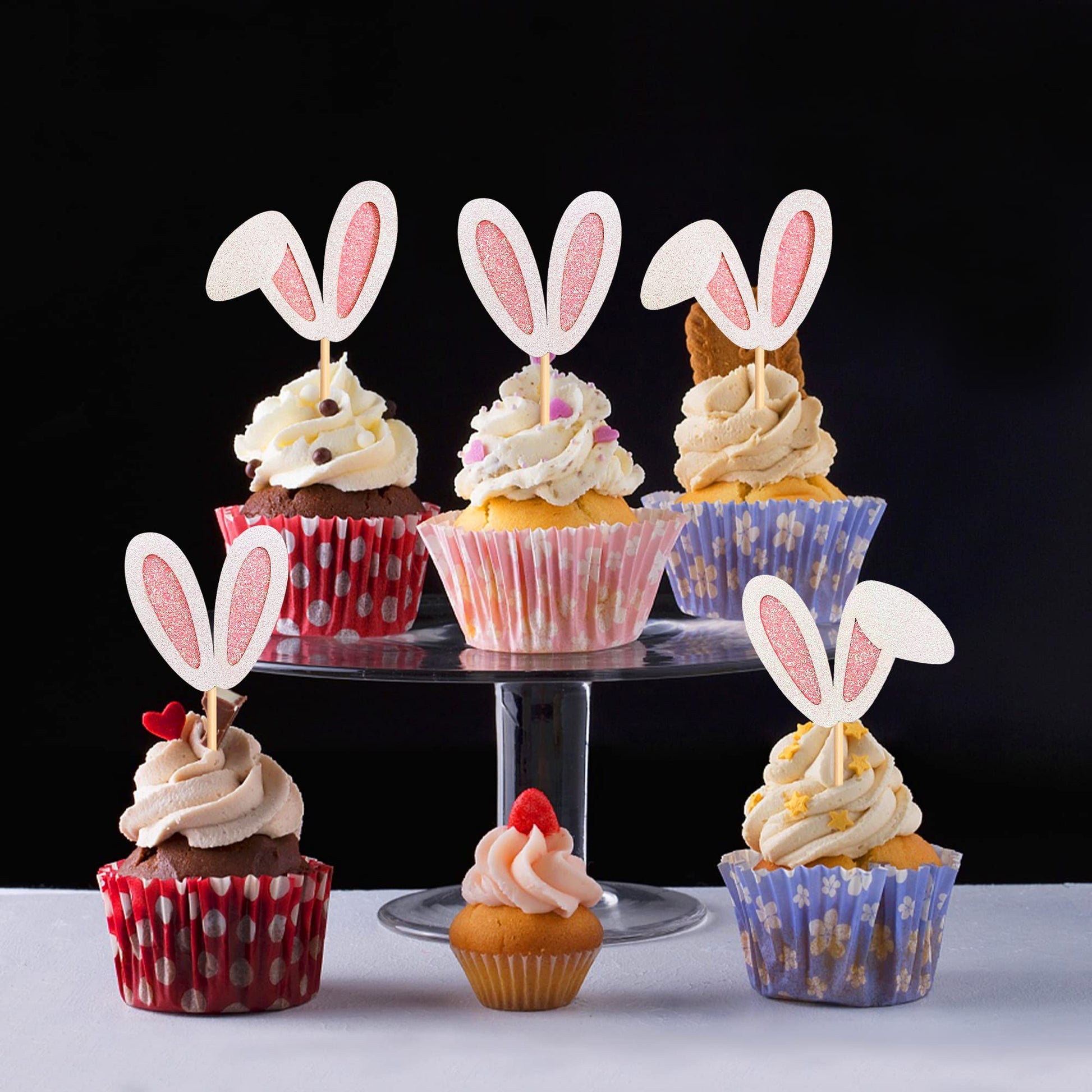 Ercadio 24 Pack Easter Bunny Ear Cupcake Toppers Glitter Pink Rabbit Ears Cupcake Picks Easter