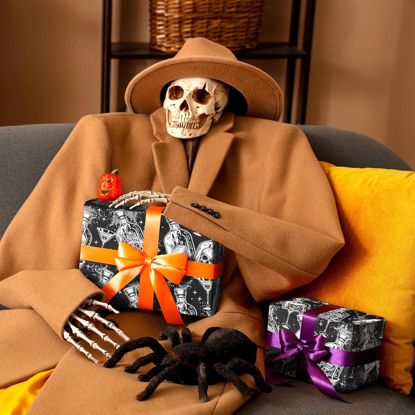 LeZakaa Halloween Wrapping Paper Roll, Gothic Skull-in-Bottle and Eye Cocktail Glass in Black, Spooky Gift Wrap for Horror Lovers, Goth Style Party, Trick or Treat, Mini Roll 17 In x 16.4 Feet