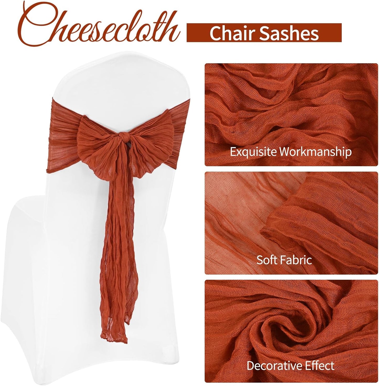 36 Pcs Terracotta Cheesecloth Chair Sashes, 16 x 108 inch Gauze Fabric Washable Chair Sashes Bows Designed for Aisle Decorations Universal Chair Cover Decor for Wedding Reception Party Banquet