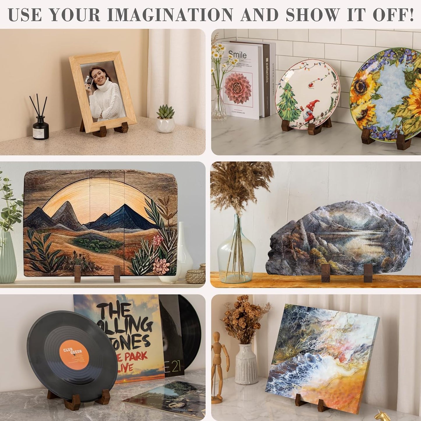 Plate Display Stand, 3 Pack 8 Inch Plate Holder for Displaying, Decorative Picture Frame Dish Photo Plaque Platter Wood Stand