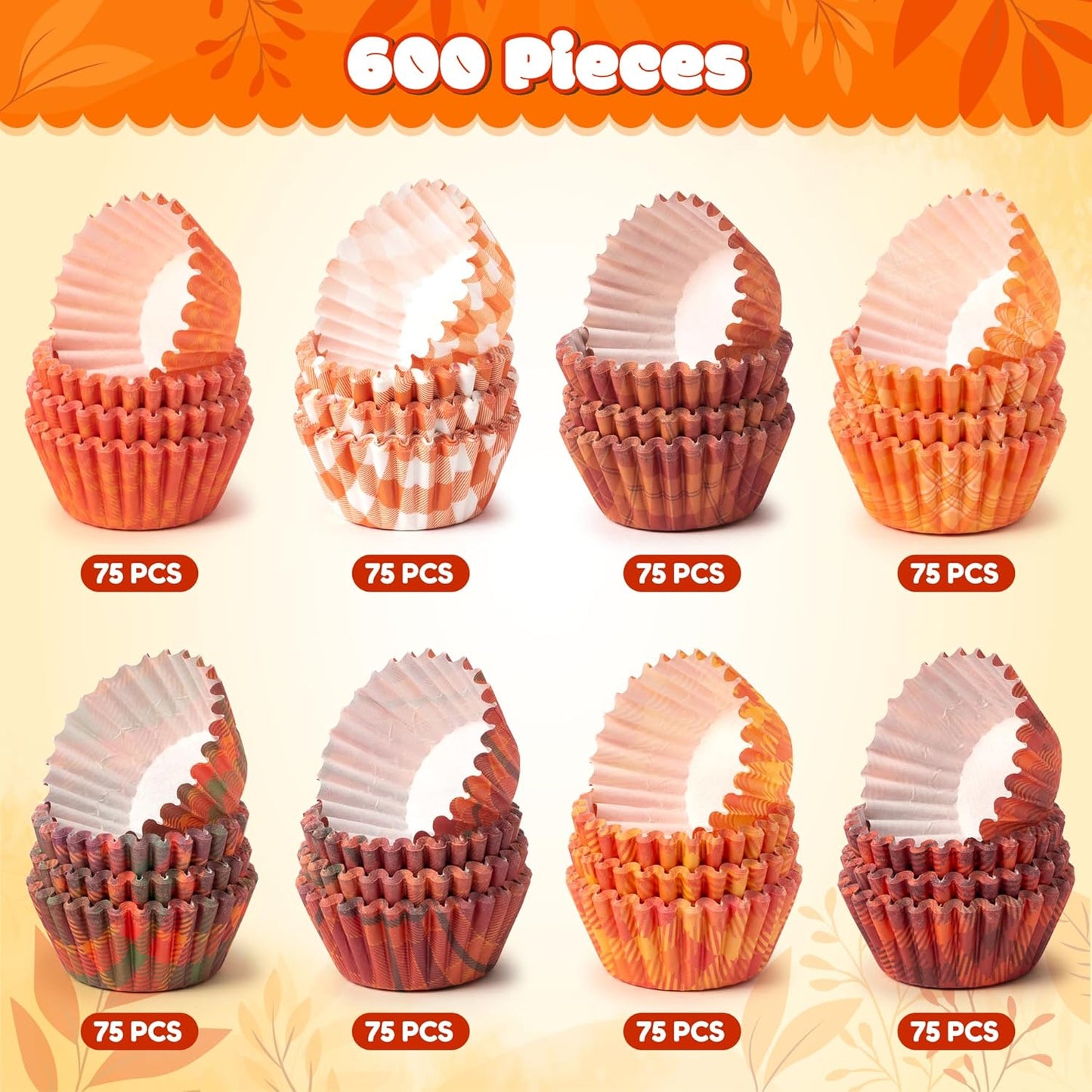 COcnny Fall Mini Cupcake Liners - 600pcs Autumn Plaid Muffin Small Paper Cupcakes Baking Cups Wrappers, Orange Brown Case Cake Wrap Making Supplies for Fall Thanksgiving Birthday Party (8 Styles)