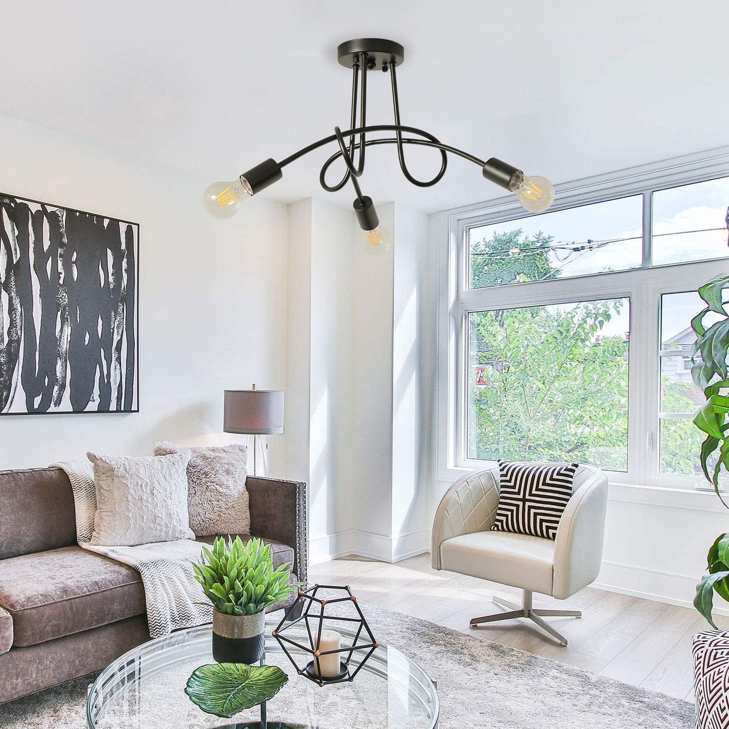 Modern Farmhouse Chandelier,22 Inch Black Metal Spiral Rustic Vintage Semi Flush Mounted Ceiling Light Fixture for Dining Room Bedroom Kitchen Island Hallway Foyer Entryway(3-Light)