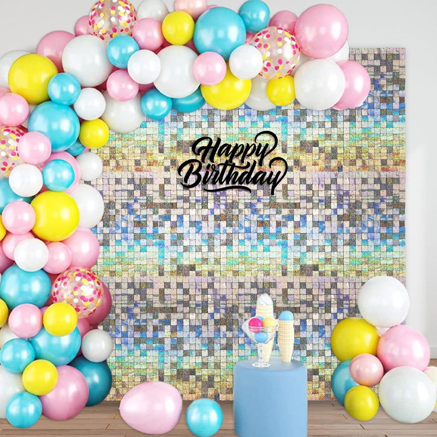 24PCS Silver Shimmer Wall Backdrop, Laser Square Sequin Photo Backdrops Panel, Glitter Wall Background for Birthdays, Weddings, Christmas, Engagements, Disco Bachelorette Party Decoration (4FTx6FT)