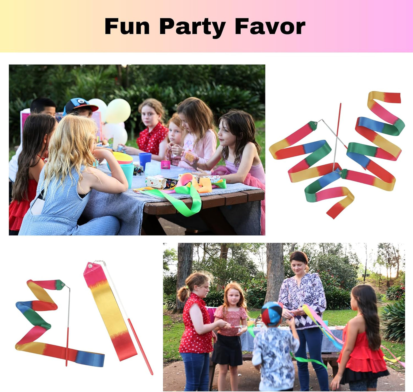 Ribbon Dance Wands 20 Pack, Party Favors for Kids Goodie Bag Stuffers, Rainbow Birhtday Outdoor Party Games (multicolored ribbon with Red grip, 20pcs Set)