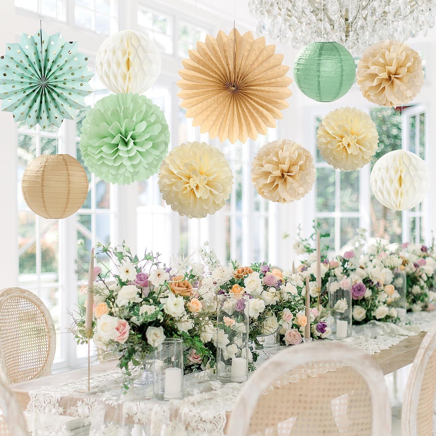 Sage-Green Champagne-Gold Baby Shower Party Decorations - 20pcs Neutral Birthday Paper Lanterns Fans,Boho Wedding Tissue Pom Poms,Honeycomb Streamers Banner,Bridal Graduation Rustic Decor Burgleda