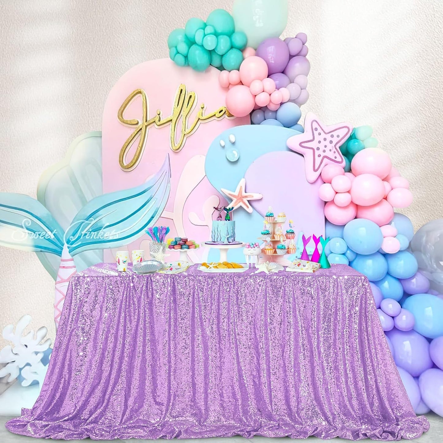 QueenDream Lilac Sequin Tablecloth 60"x102" Mermaid Tablecloth Lavender Glitter Tablecloth for Wedding Birthday Baby Shower Mermaid Decorations
