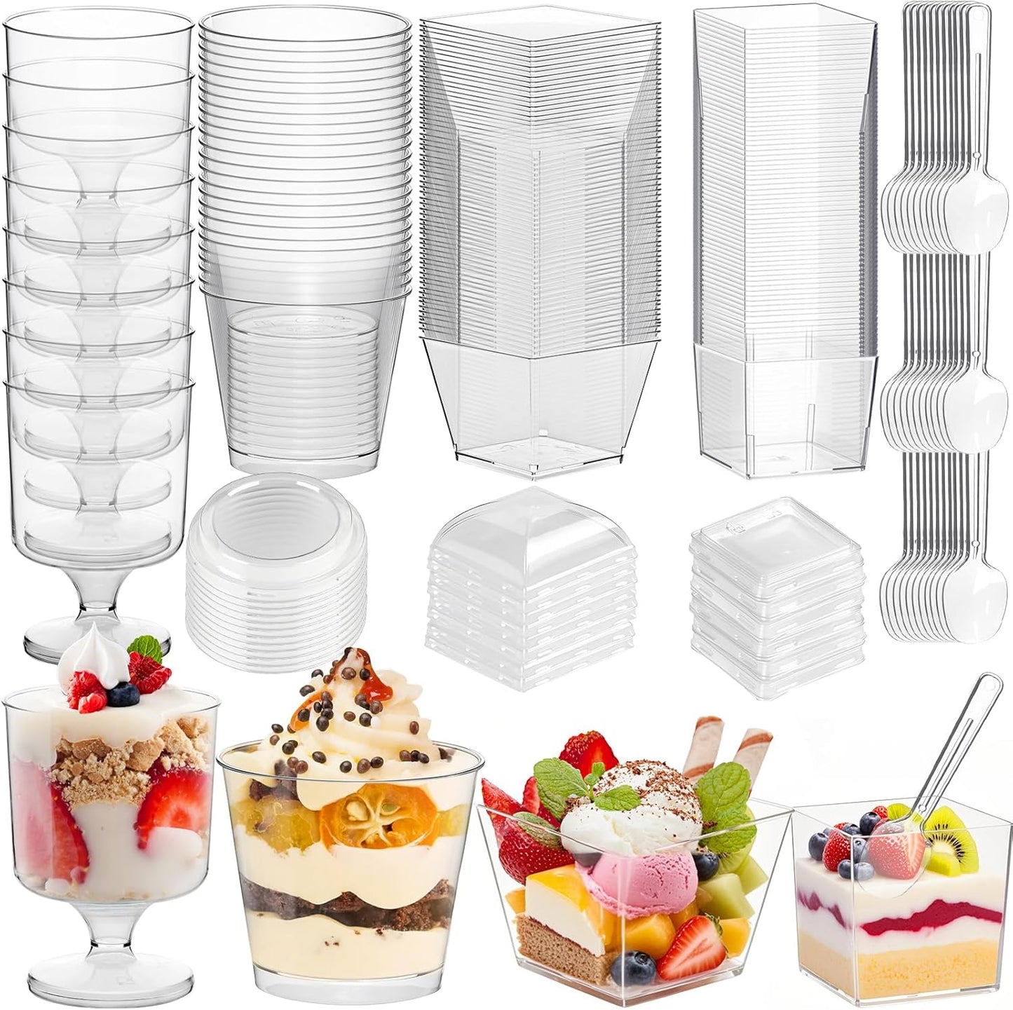 430 Pack Mini Dessert Cups with Lids and Spoons, Shooters Cups for Party, 4 oz, 5 oz 7 oz Clear Yogurt Parfait Cups for Pudding, Fruit, Mousse, Party Catering, Snacks & Appetizers