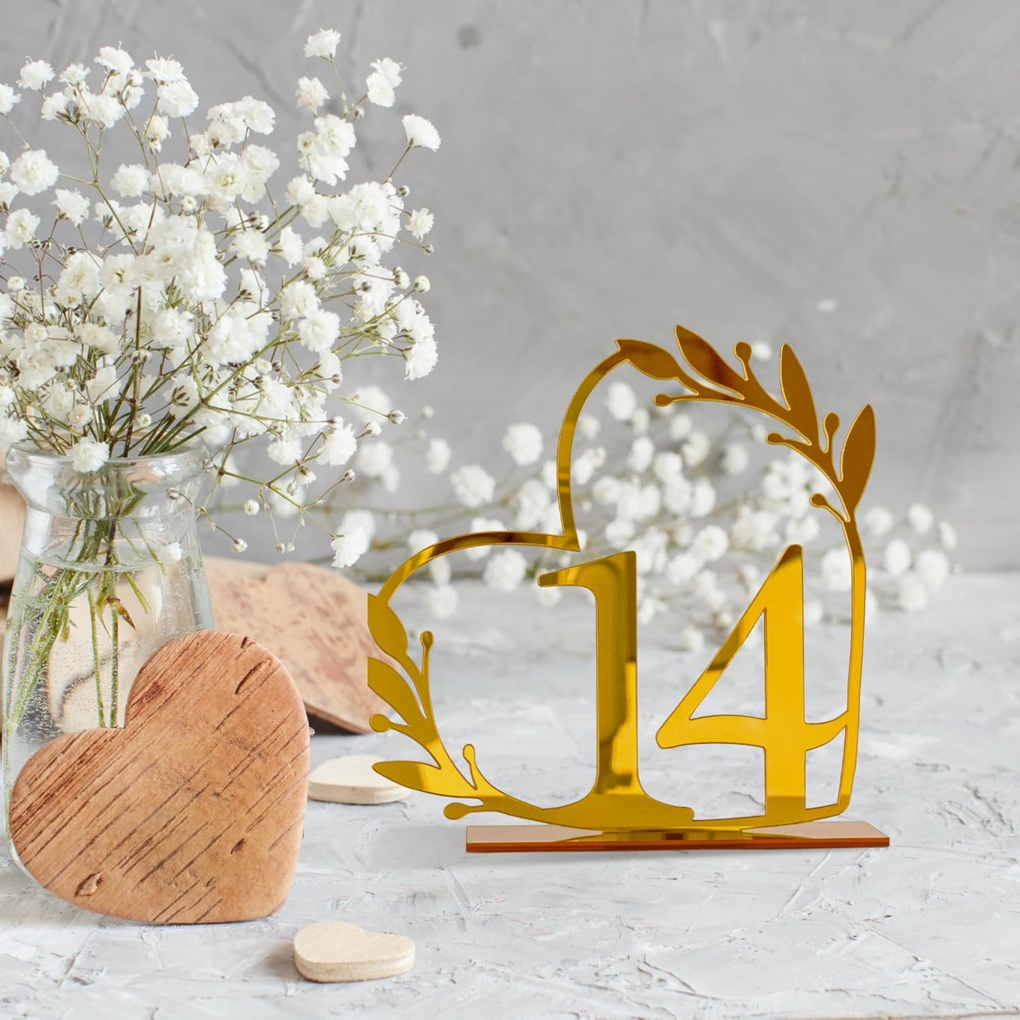 Gold Acrylic Heart-Shaped Table Numbers 1-20 for Weddings, Anniversaries, Parties, Birthdays, Events | 4.5" x 4.5"