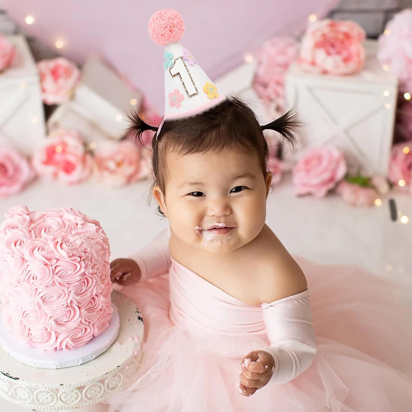 WAUAO Colorful Flower 1st Birthday Cone Hat for Girls - Cute & Adorable Floral Crown, First Birthday Decorations