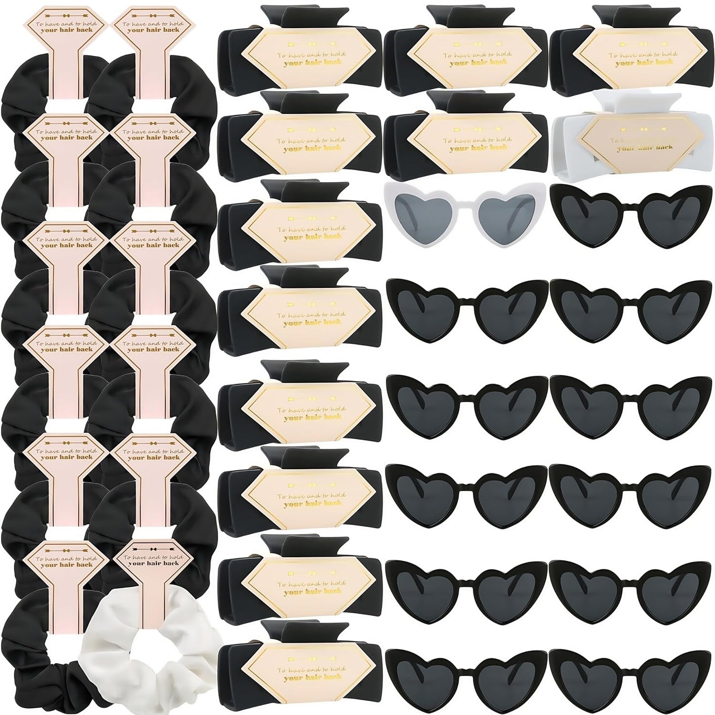 36pcs Bridesmaid Scrunchies Proposal Gifts Bachelorette Hair Claws Clips Girls heart sunglasses for Wedding Party Favors (White&Black)