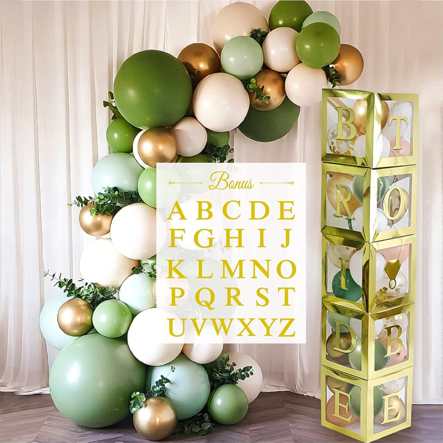 96 PC Bridal Shower Decorations Balloon Boxes Gold- Transparent Block with BRIDE TO BE + GROOM + A - Z Letters and 40 Balloons- Engagement Bachelorette Parties Weddings Centerpieces Photo Booth Props