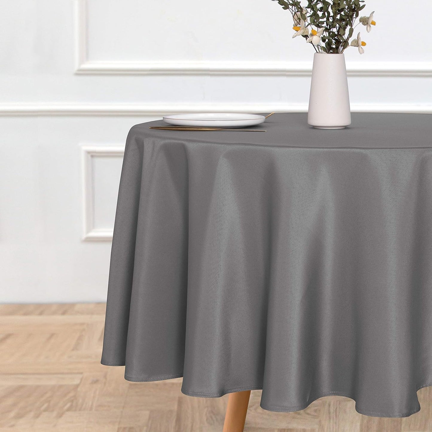 sancua Round Tablecloth - 90 Inch - Water Resistant Spill Proof Washable Polyester Table Cloth Decorative Fabric Table Cover for Dining Tables, Buffet Parties and Camping, Light Grey