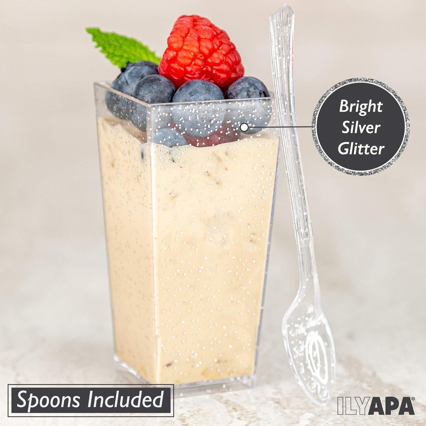 Ilyapa 3oz Plastic Dessert Cups - 100 Pack Mini Dessert Cups with Spoons - Clear Reusable Small Appetizer Cup for Cheesecake Shooters, Chocolate Mousse - Party and Catering Supplies - Square Silver