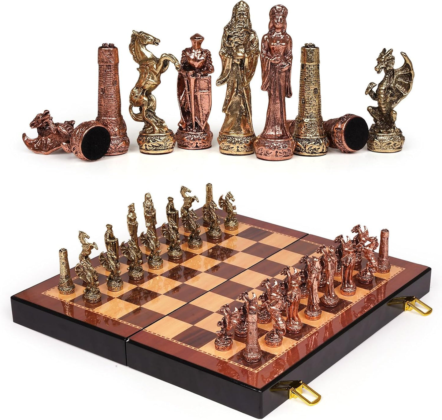 Vintage Figurine Chess Set for Adults and Kids - Wooden Board With Metal Pieces - Travel Chess Set - Collectible Elegant Game - Family Vintage Board Game