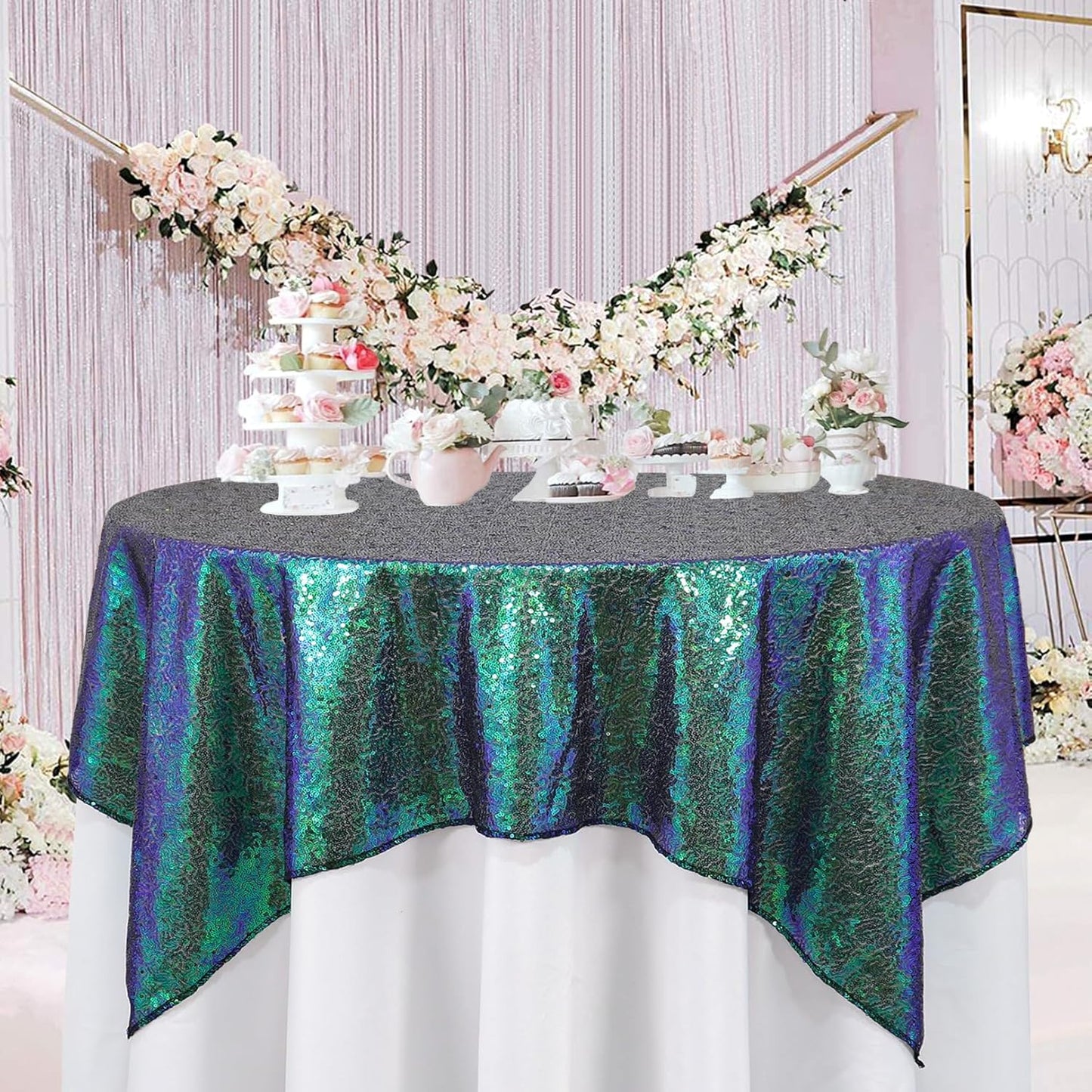 ShinyBeauty 36”x36” Iridescent Green Sequin Tablecloth - Glittery Overlay for Small Tables, Perfect for Birthday & Baby Shower Decor, Sparkly & Durable