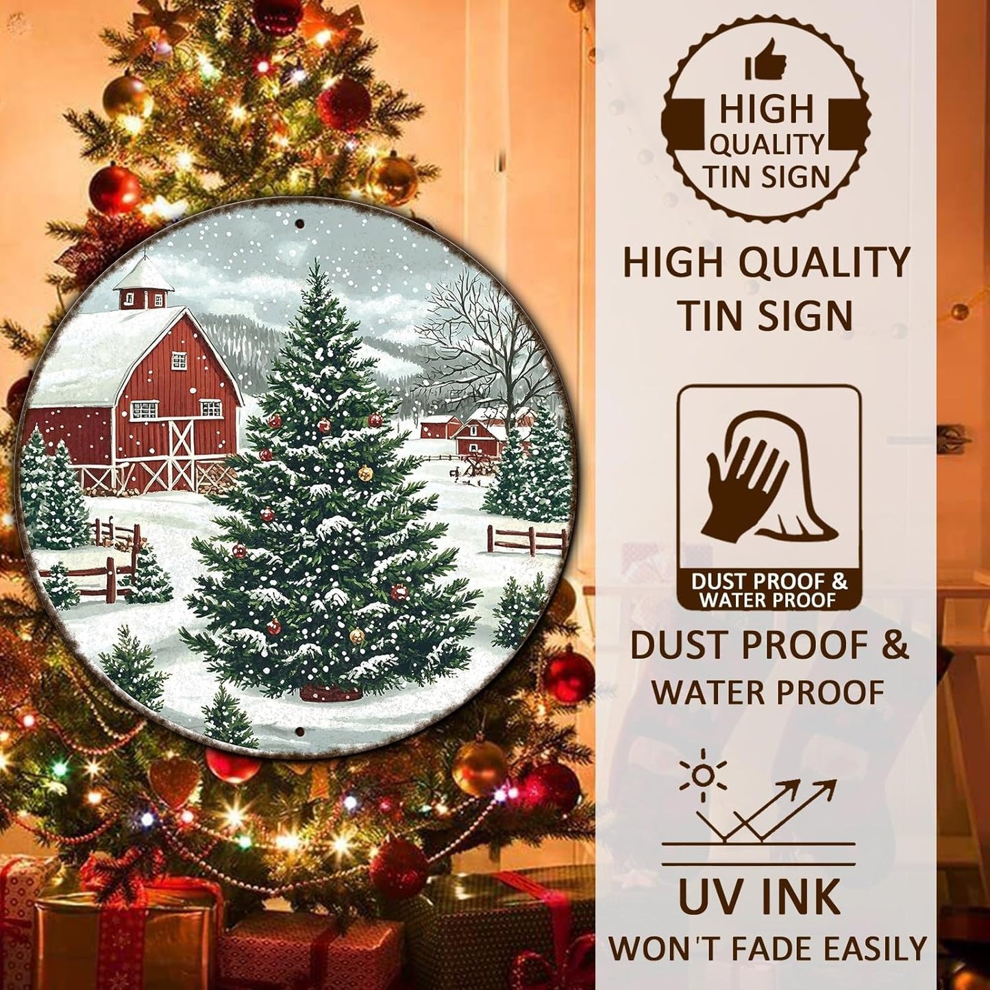 Round Christmas Trees Barn Metal Tin Sign Christmas Vintage Tin Sign for Kitchen Cafe Bar Farmhouse Home Wall Decor Art Winter Decoration 8 * 8 in