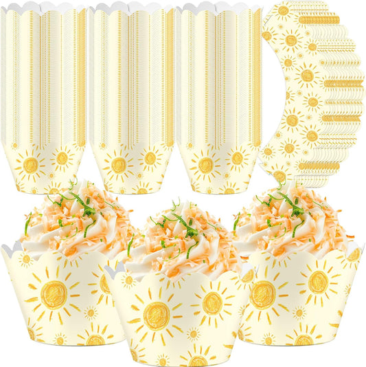 Domensi 100 Pcs Bohemian Sun Cupcake Wrappers Rustic Yellow Sunshine Cupcake Liners Baking Cups Baking Liners for Summer Picnic Wedding Bridal Baby Shower Birthday Party Supplies Dessert Decoration