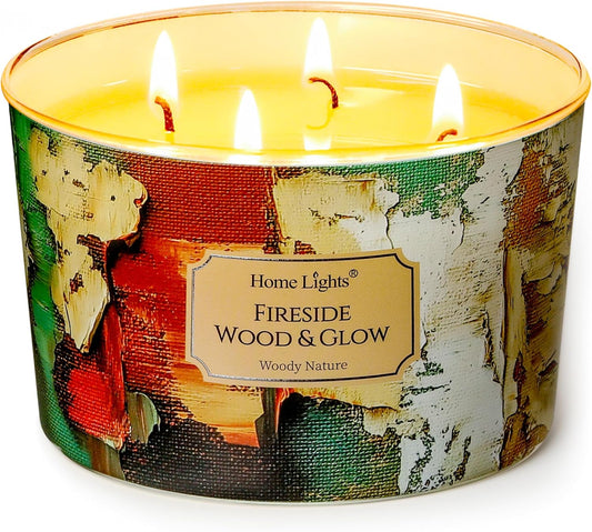 HomeLights 4-Wick Candles for Home Scented - 18oz Soy Wax Blend Candle Long-Lasting Fragrance, Industrial Chic Home Decor and Housewarming Gifts, Fireside Wood & Glow