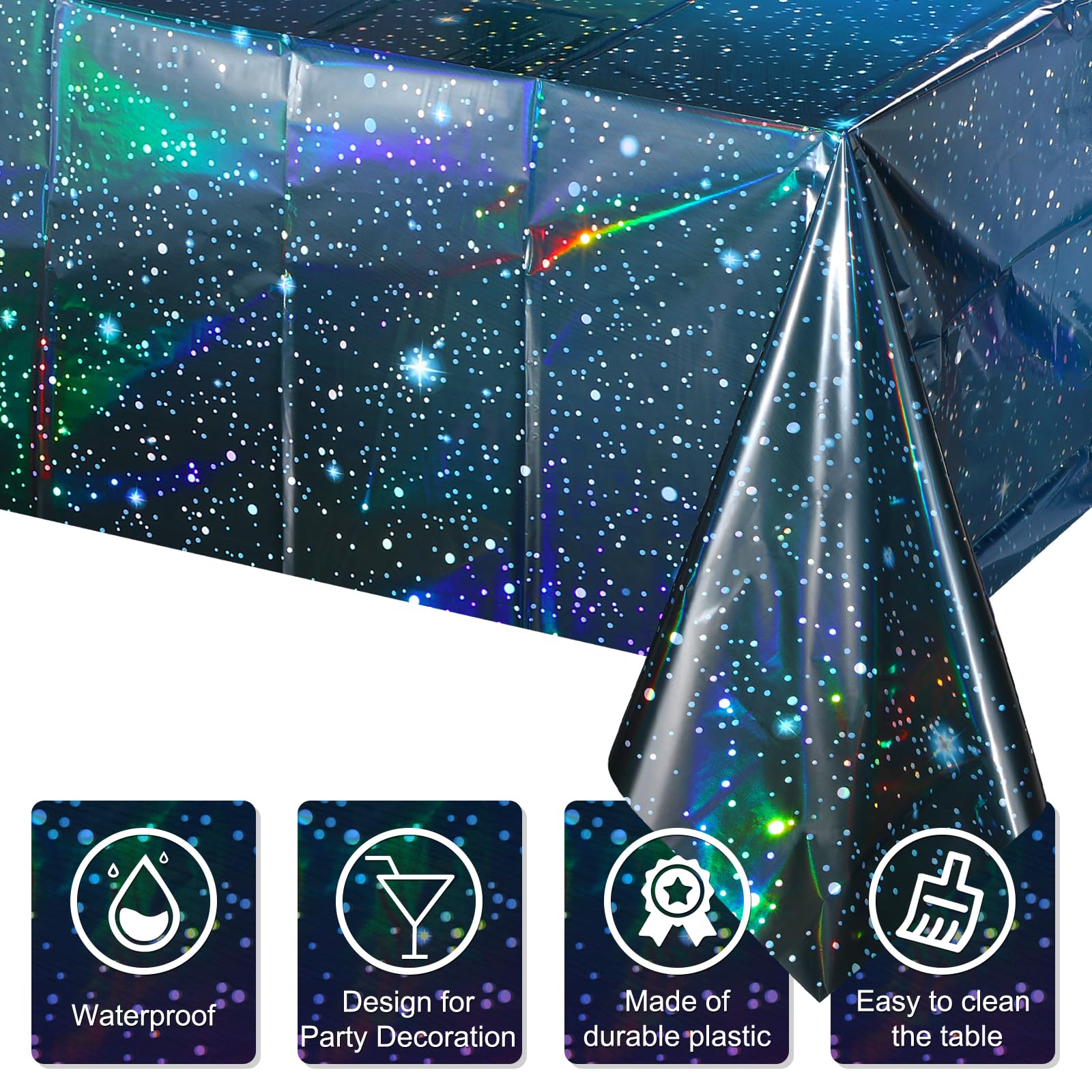 YIDAKO 3Pcs Iridescent Space Tablecloths, Disposable Plastic Blue Galaxy Table Cloth Rectangle