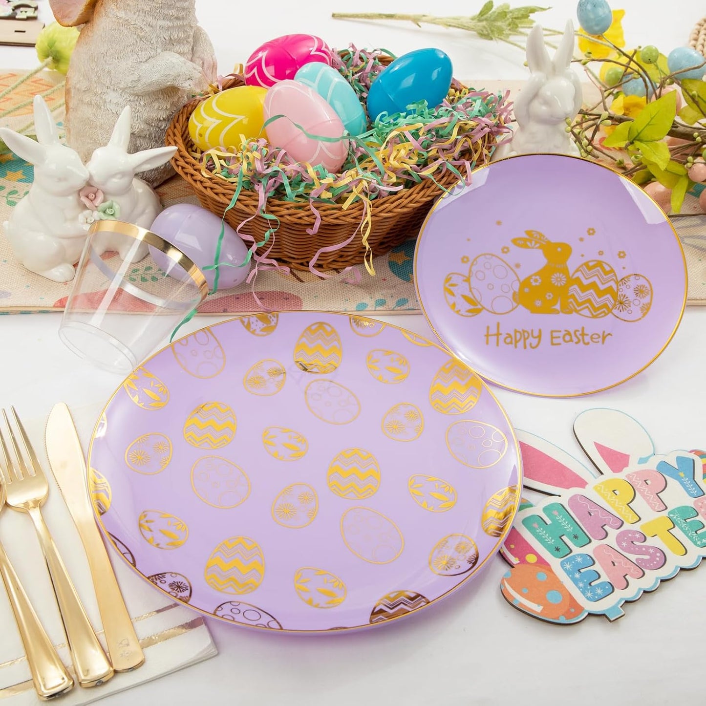 Festiva 175Pcs Easter Plates and Napkins Disposable - Purple and Gold Plastic Dinnerware Set for 50 guests include 50 Plates 25Cups 25Plastic Silverware 25Napkins Perfect for Easter Party