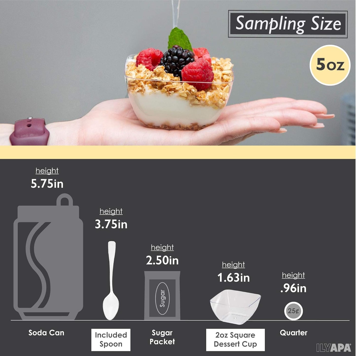 Ilyapa 5oz Plastic Dessert Cups - 100 Pack Mini Dessert Cups with Spoons - Clear Reusable Small Appetizer Cup for Cheesecake Shooters, Chocolate Mousse, Parfait - Party and Catering Supplies - Square