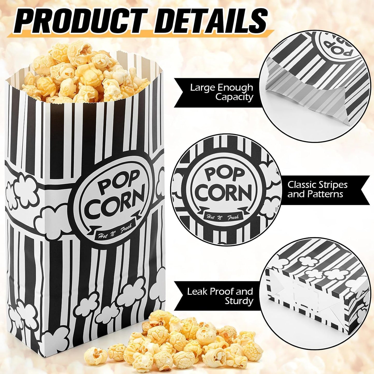 200 Pcs Paper Popcorn Bags Bulk 2 oz Large Flat Bottom Boxes Red and White Disposable Container Sleeve Movie Night Popcorn Bucket for Retro Movie Themed Party Carnival Supplies (Black and White)