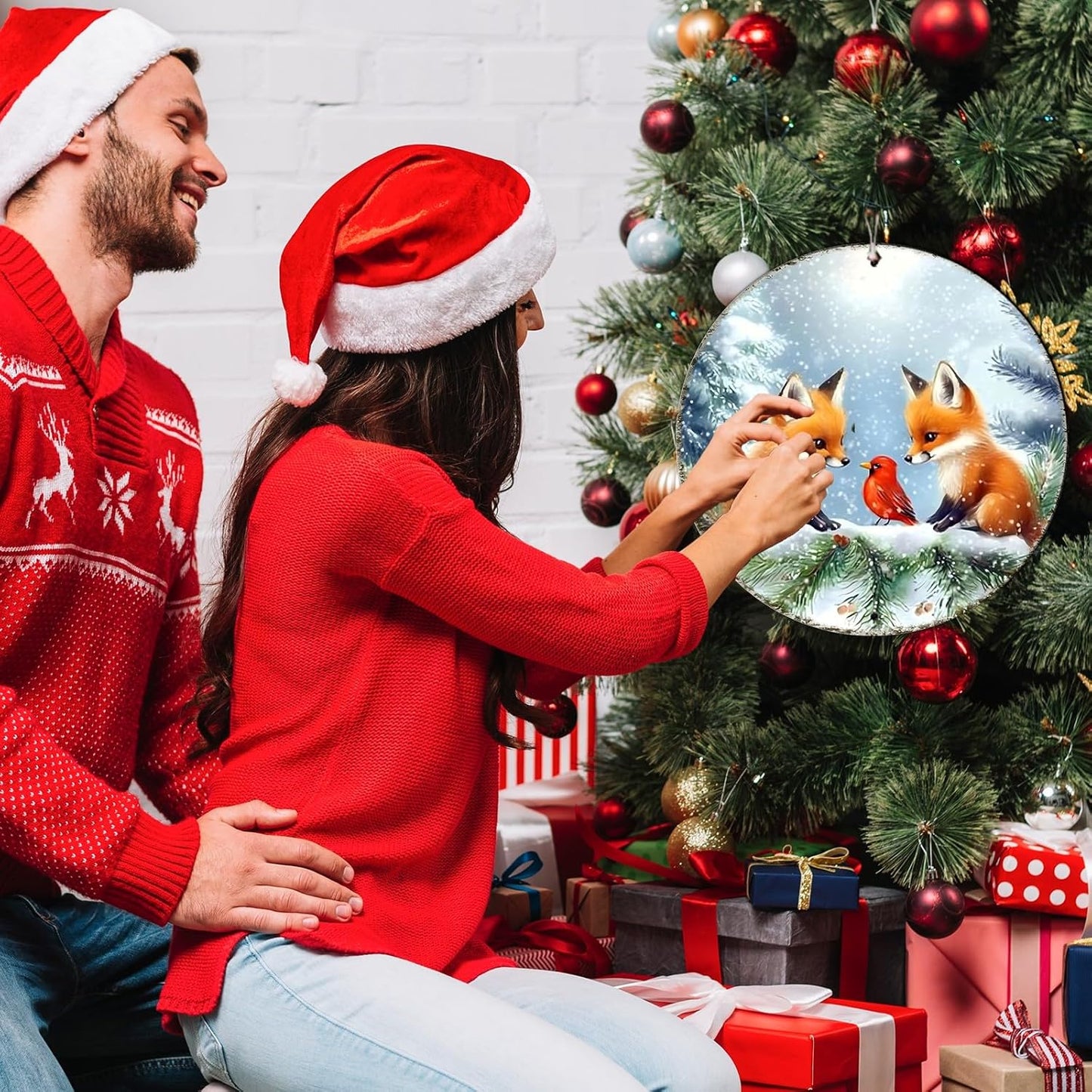 Christmas Round Fox Metal Tin Sign - Red Bird Winter Vintage Sign for Home & Outdoor Decorations - 12 * 12 in