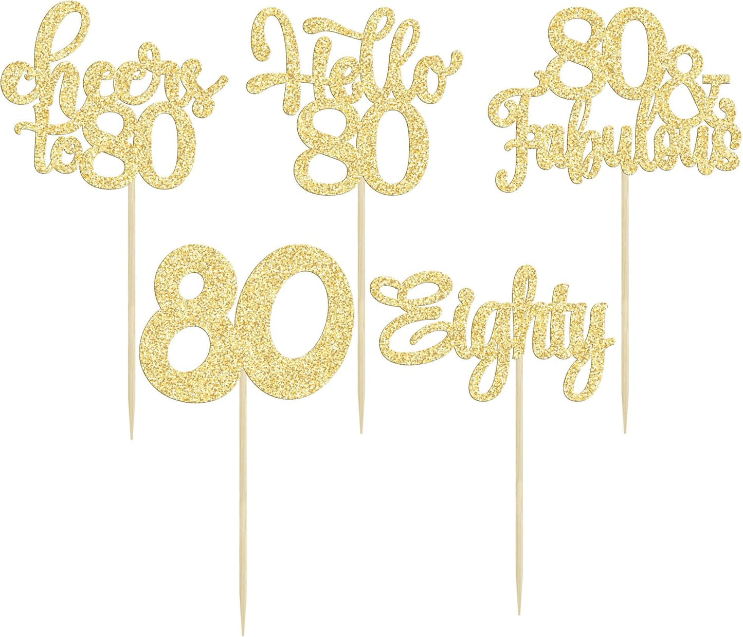 Gyufise 30Pcs Happy 80th Birthday Cake Topper, Gold, for Birthday Anniversary Party Decorations