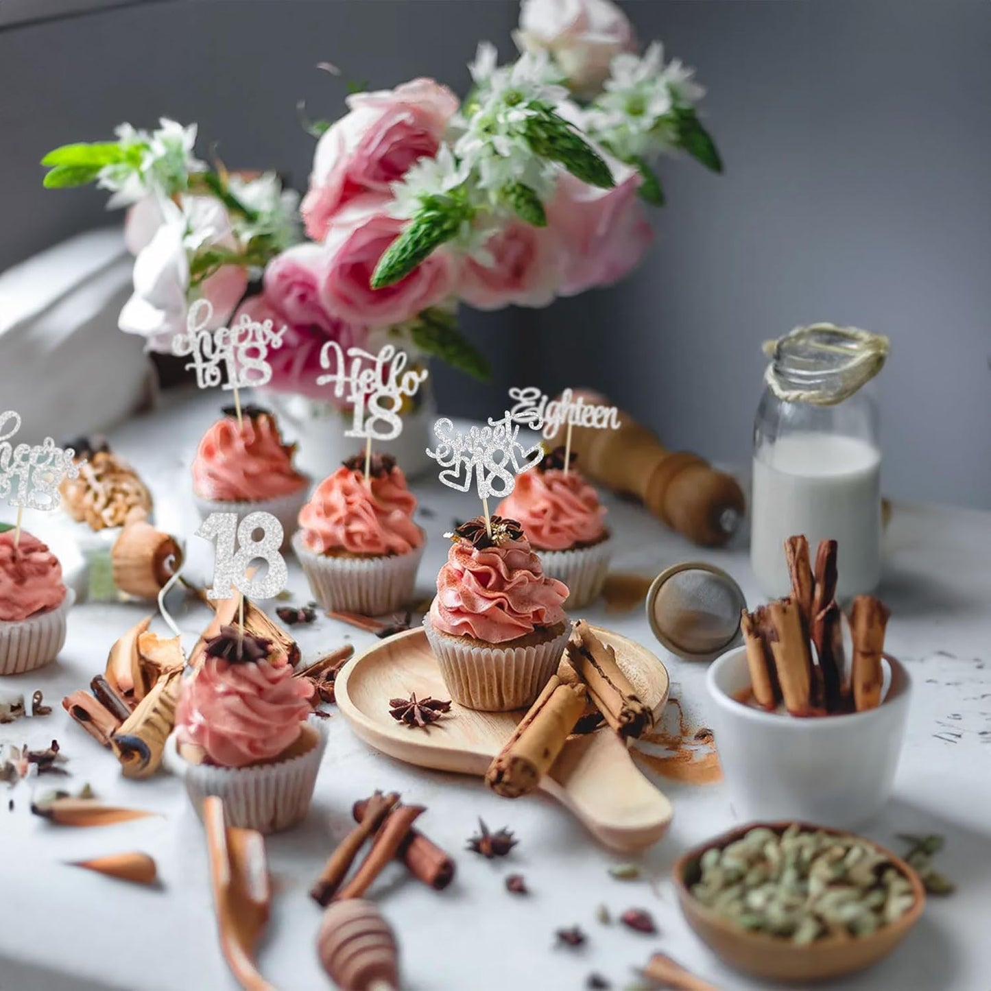 30Pcs18th Birthday Cupcake Toppers Eighteen Happy 18th Cupcake Picks Sweet 18 Cheers to 18 Cake Decorations for 18th Birthday Anniversary Party Supplies Silver Glitter