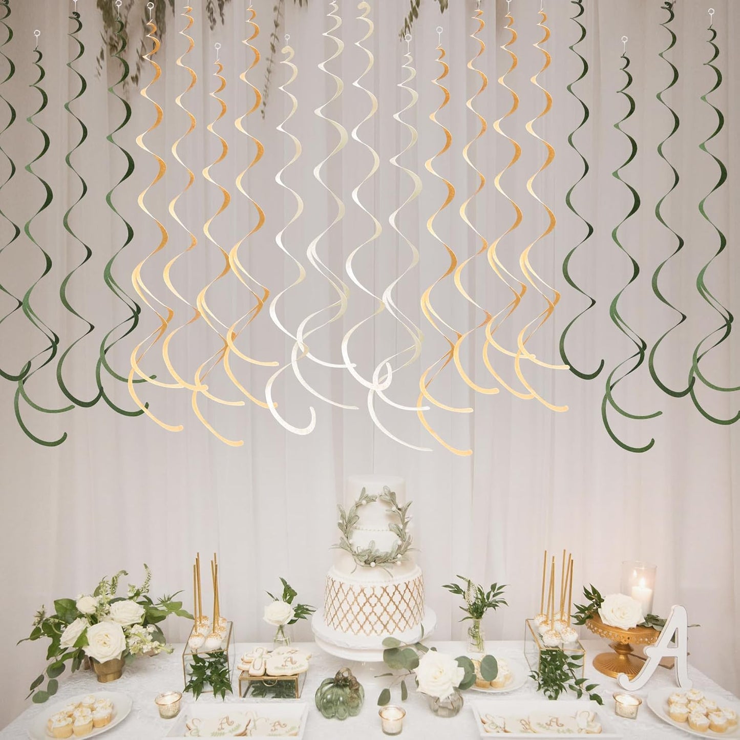 36Pcs Sage Green Hanging Swirl Decoration Olive Green Tan Brown Cream Neutral Felt Swirl Streamer Spiral Ceiling Garland for Greenery Safari Jungle Woodland Birthday Baby Shower Wedding Party Supplies