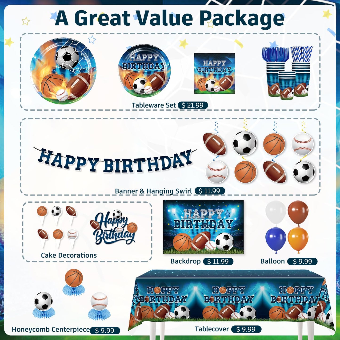 222Pcs Sports Birthday Party Decorations Tableware Set, 25 Serves