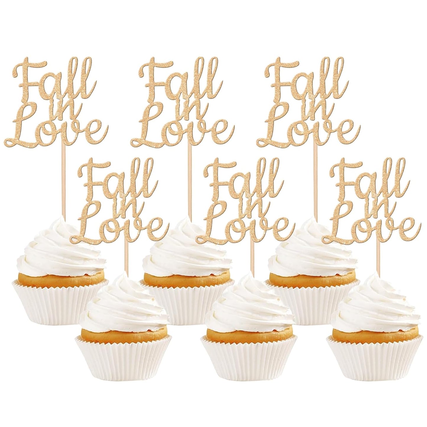 24 PCS Fall in Love Cupcake Toppers Glitter Fall Theme Bridal Shower Cupcake Picks for Autumn Wedding Engagement Anniversary Birthday Bridal Shower Party Cake Decorations Supplies Champagne Gold