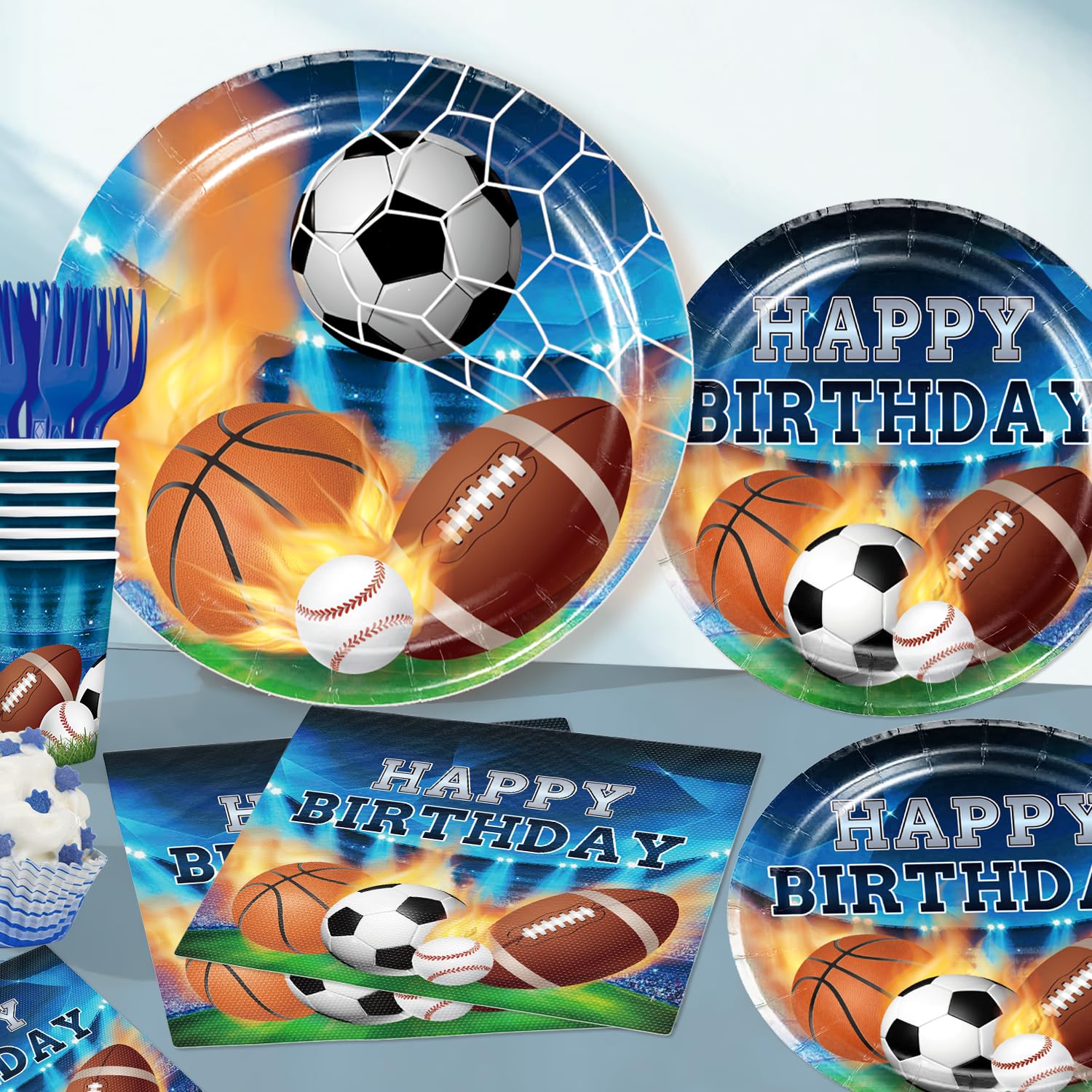 222Pcs Sports Birthday Party Decorations Tableware Set, 25 Serves