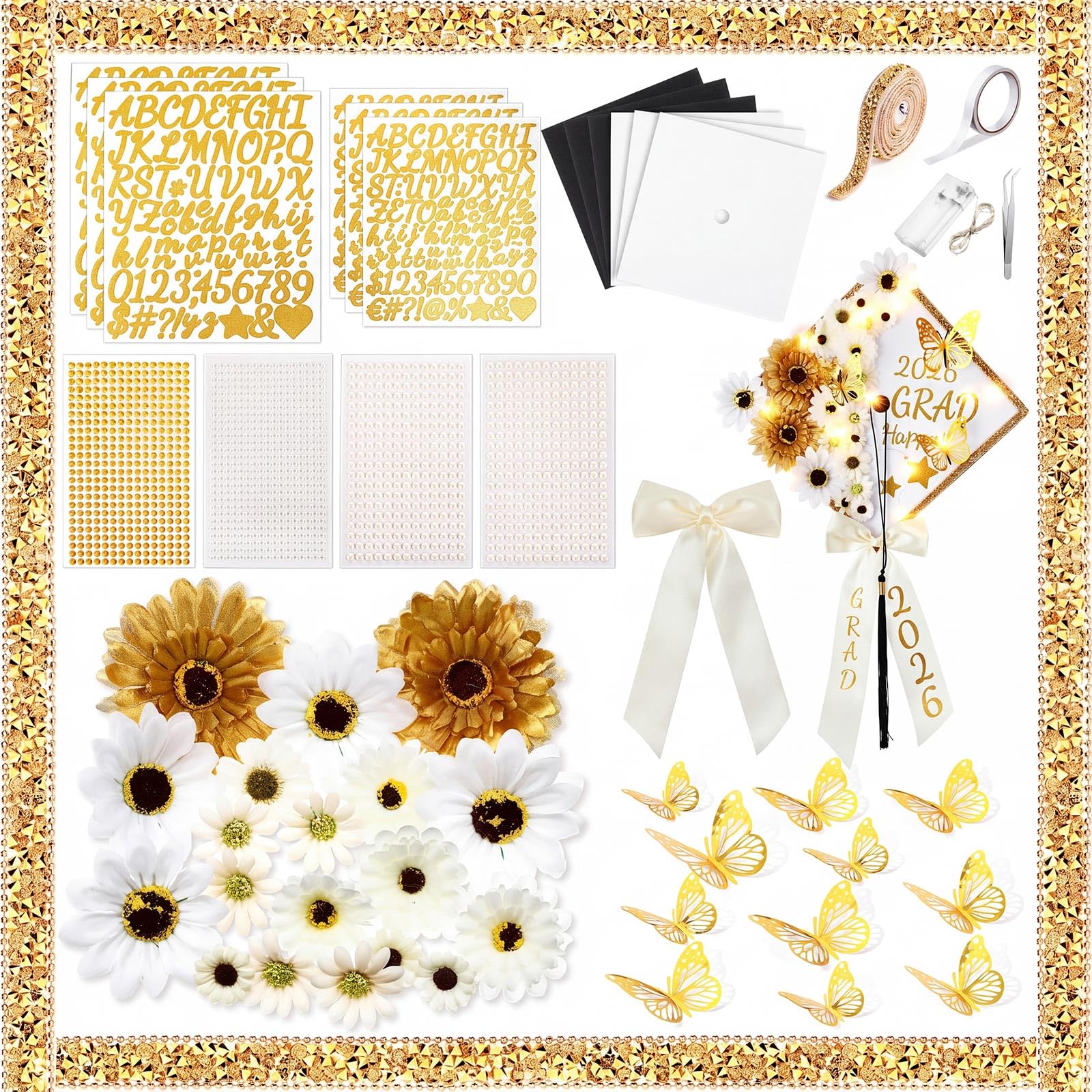 Wavwavw 59 Pcs DIY Graduation Cap Decoration Kit White with LED Lights