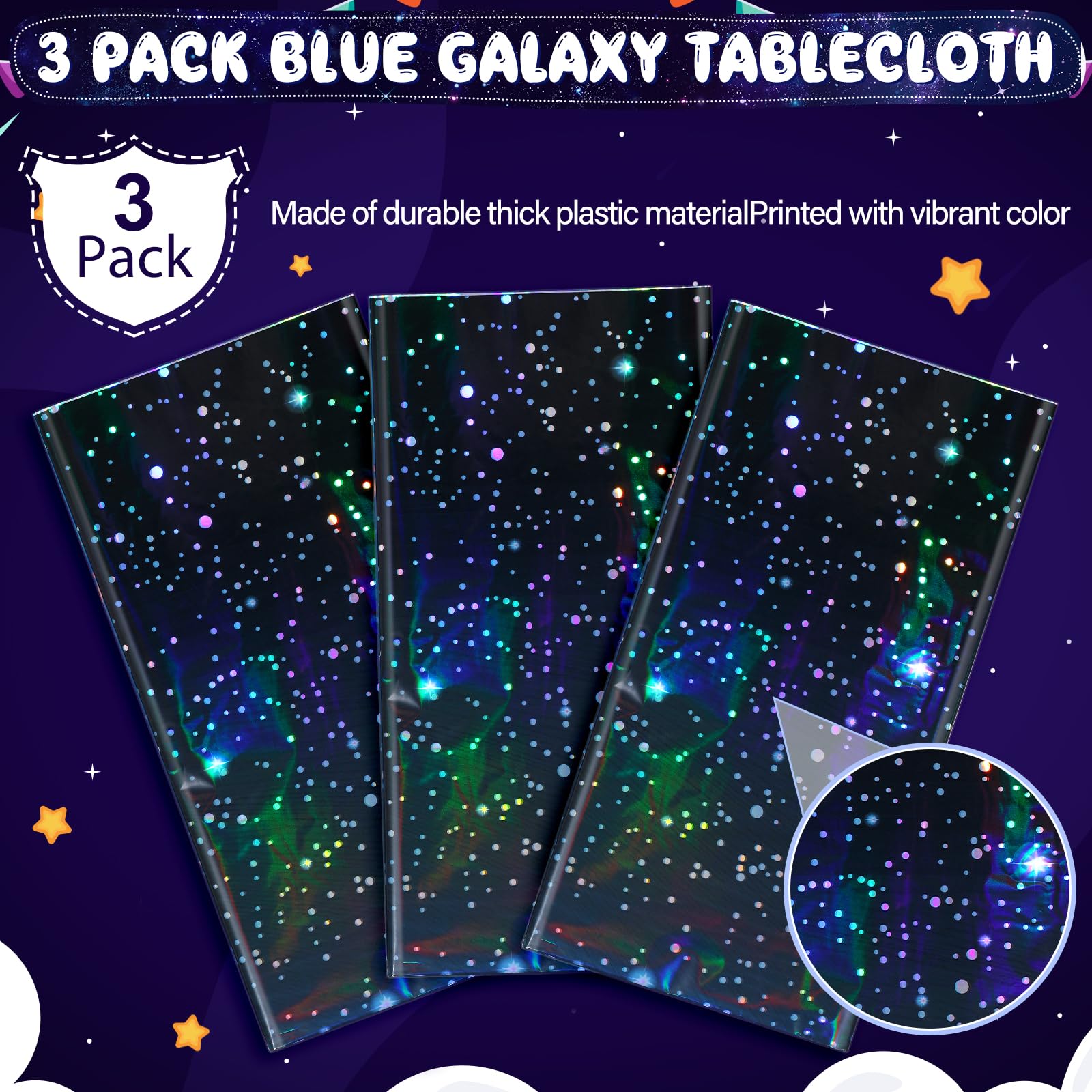 YIDAKO 3Pcs Iridescent Space Tablecloths, Disposable Plastic Blue Galaxy Table Cloth Rectangle
