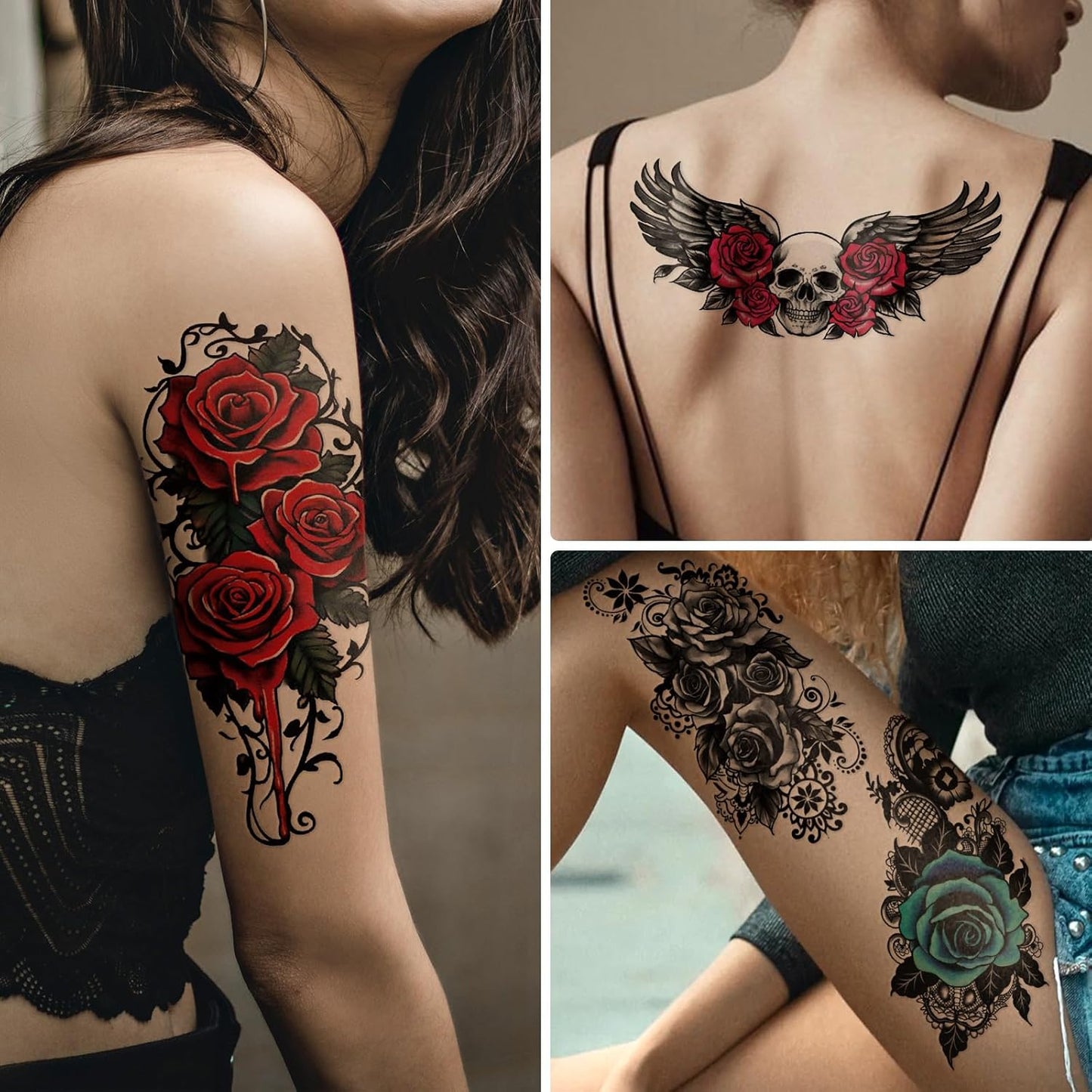 77 Sheets Skull Flower Realistic Temporary Tattoos For Women Men Adult, Large Rose Bones & Flowers Floral Fake Tattoos Girl, Skeleton and Spooky Halloween Temp Tatoo Sticker Thigh Back Leg Body Art