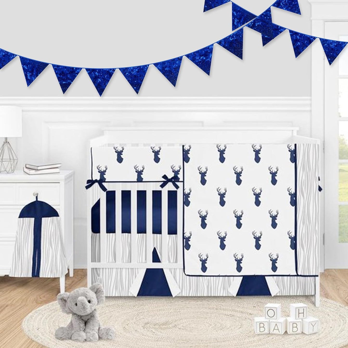 pinkblume Royal Blue Decorations Double Sided Sequin Navy Blue Fabric Triangle Pennant Banner Flag Bunting Garland for Blue Nautical Ahoy Achor Theme Nursery Classroom Home Bedroom Wall Decor