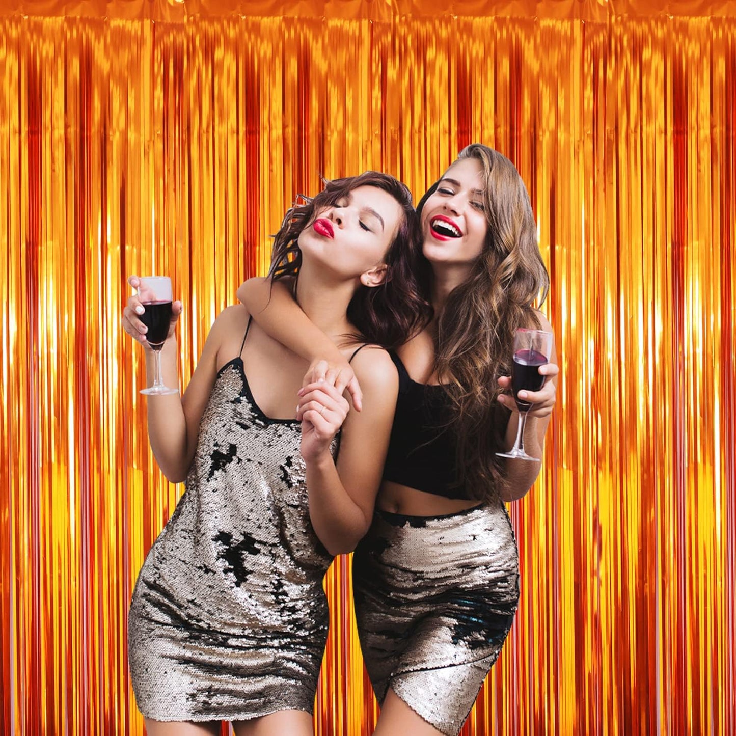 GOER 3.2 ft x 8.2 ft Metallic Tinsel Foil Fringe Curtains Party Photo Backdrop Party Streamers for Birthday,Graduation,New Year Eve Decorations Wedding Decor (4 Packs,Orange)