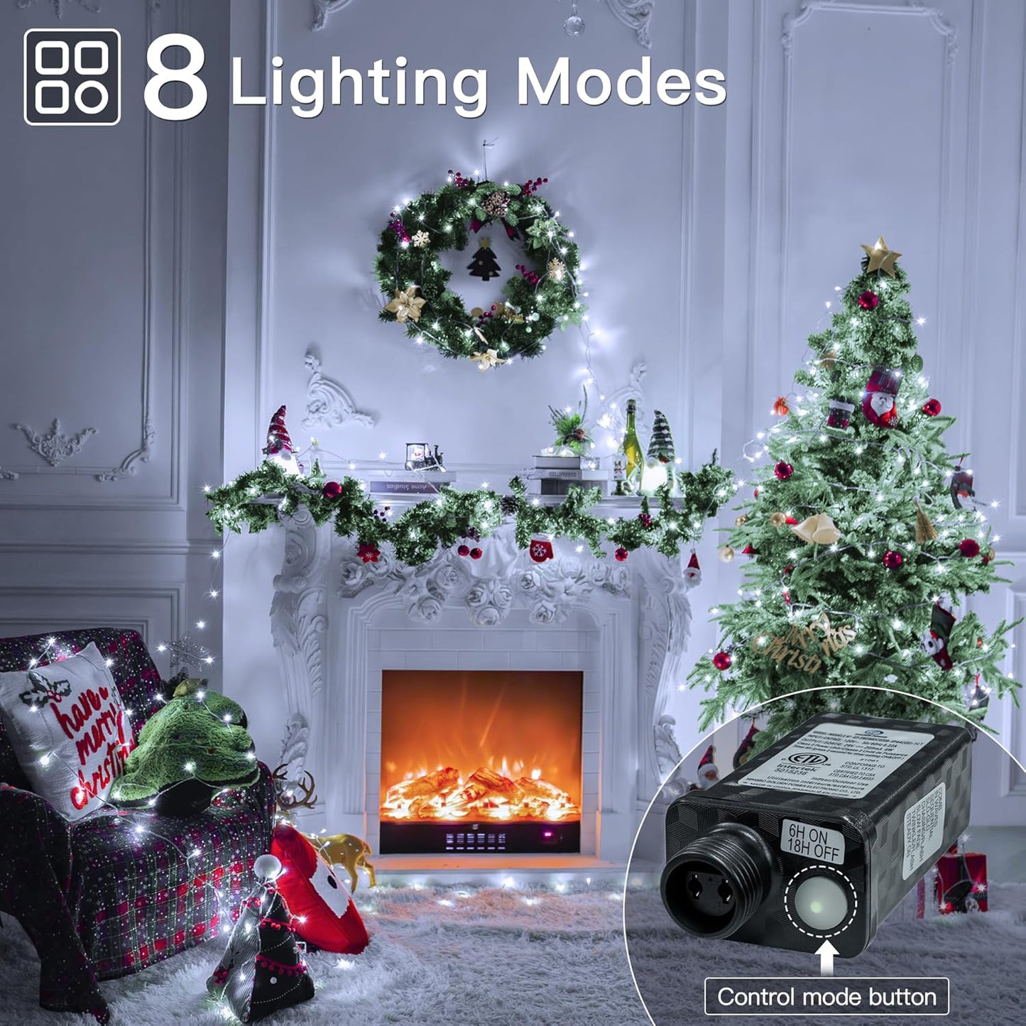 Christmas Decorations Connectable White String Lights Indoor, 150 LED Super Bright String Lights, 8 Modes Christmas Lights Plug in Twinkle Fairy Lights for Classroom Decorations