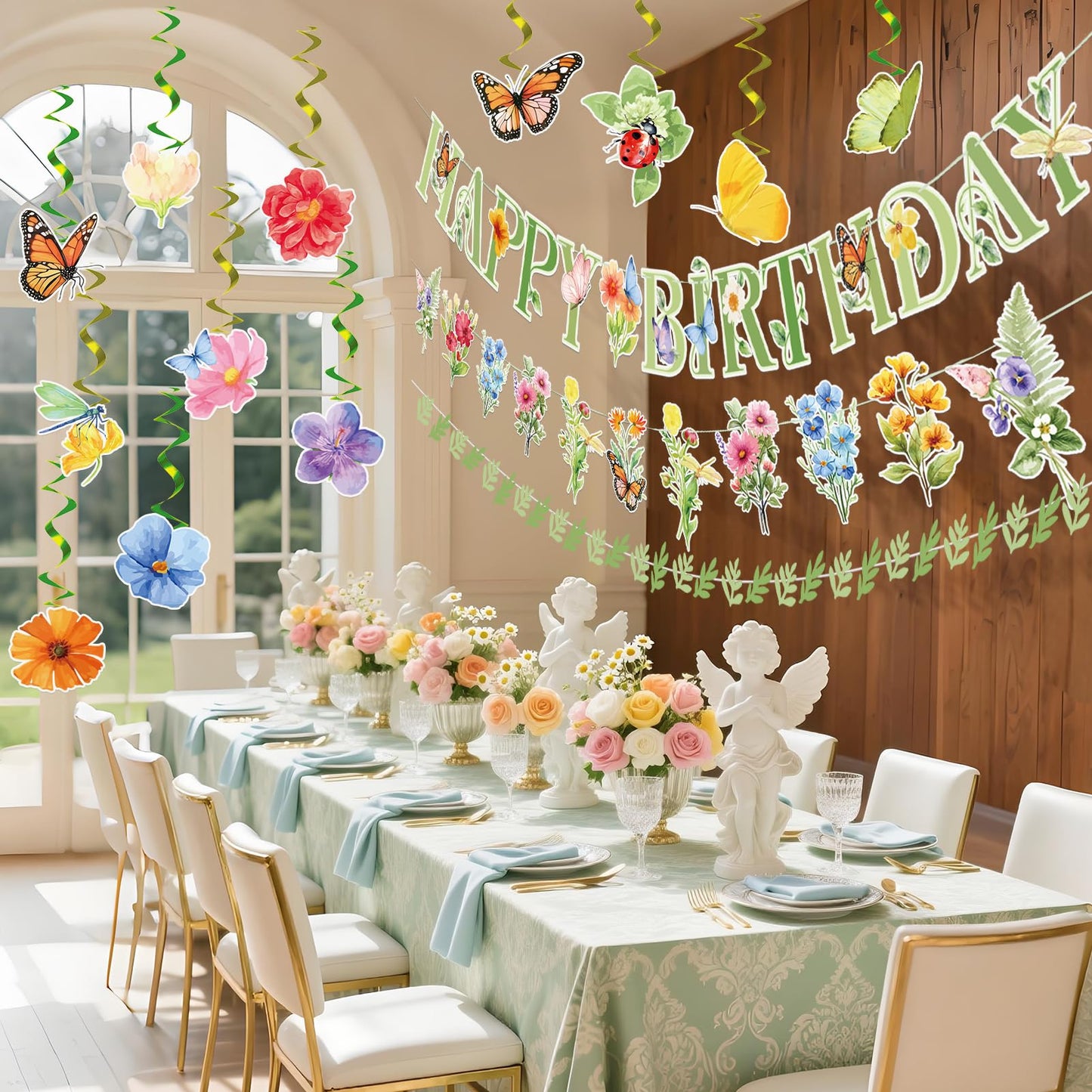 OBBOLO Flower Birthday Decorations, Garden Wildflower Party Decorations with Pre-strung Banners