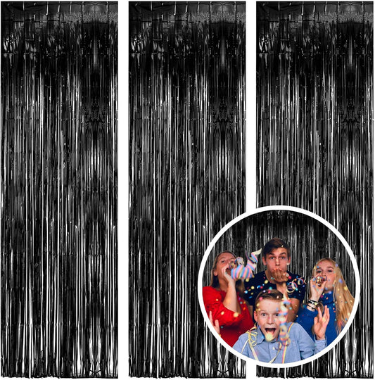 3 Pack Black Fringe Backdrop Streamers Halloween Party Decorations Black Tinsel Foil Curtains Photo Booth Backdrop Birthday Wednesday Twilight Graduation Wizard Party Decorations Supplies