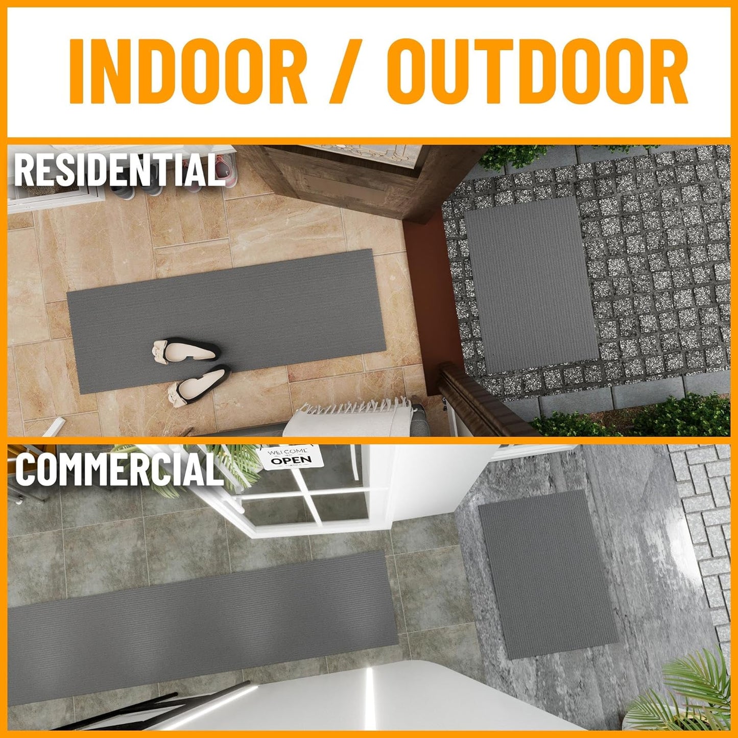 Ottomanson 2' x 22' Hallway Runner with Scraper Pile Extra Durable Non-Slip Rug Mat for Indoor & Outdoor Use - Ideal for Kitchen, Entryway, Patio & Garage - High-Traffic Carpet, Gray