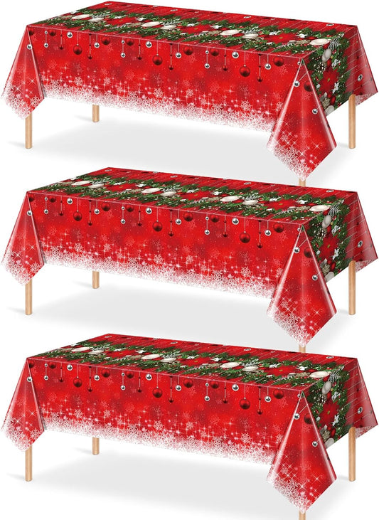 3Pieces Merry Christmas Tablecloth Plastic Christmas Tree Ball Table Cover Rectangle Winter Snowflake Tablecloth for Merry Christmas Holiday New Year Eve Party Decorations Supplies,54x108inch