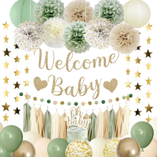 Amandir Sage Green Baby Shower Decorations Welcome Baby Banner