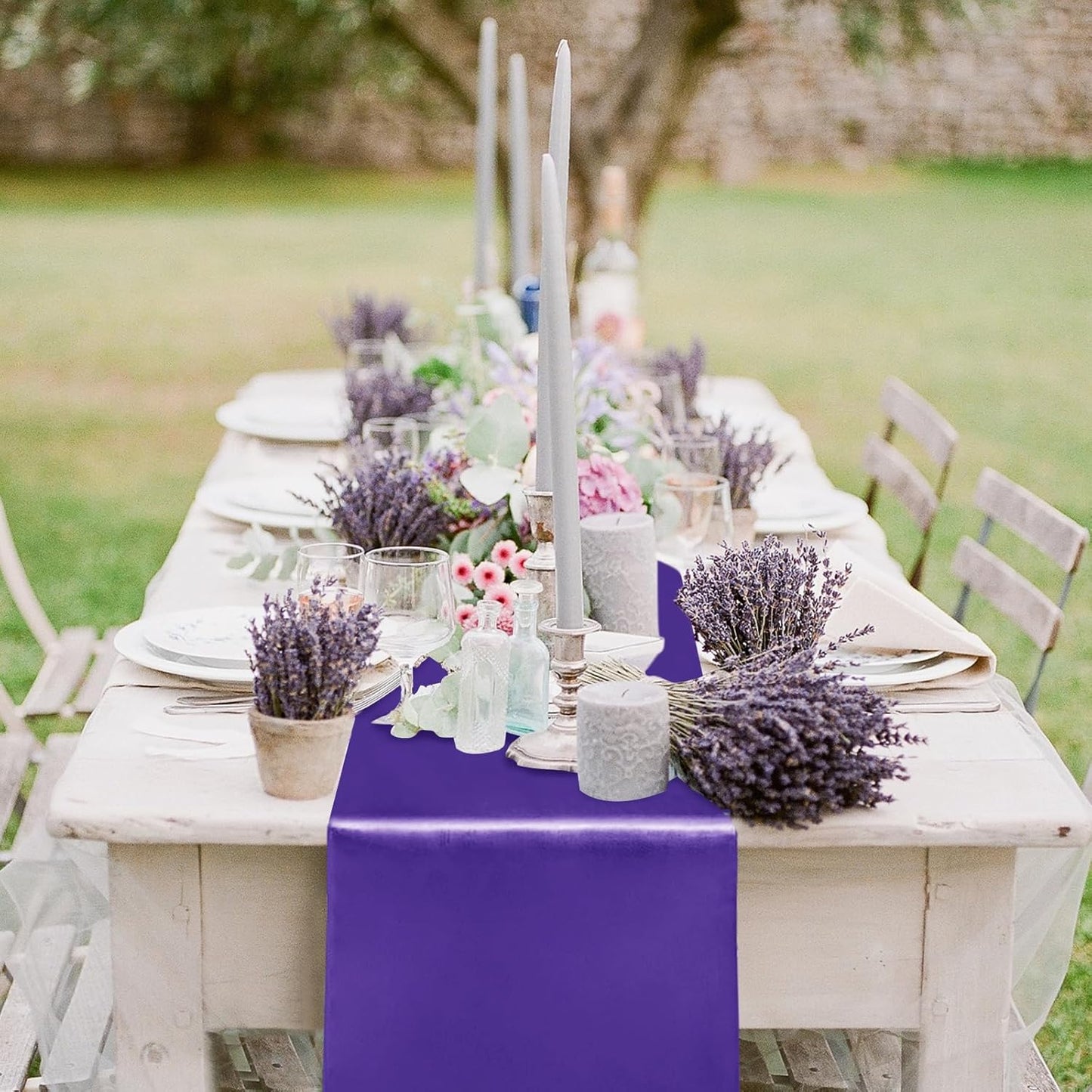 10 Pack Satin Table Runner 12 x 108 Inch Long Purple Silk Table Runner for Wedding Party Banquet Birthday Decoration